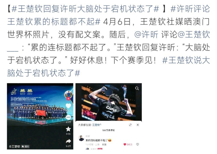 王楚钦回应许昕大脑宕机言论引热议